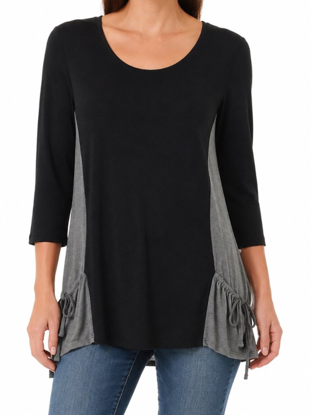 Black Womens L Tunic Top Gray Colorblock Ruched Drawstring 3/4 Sleeve Lagenlook
